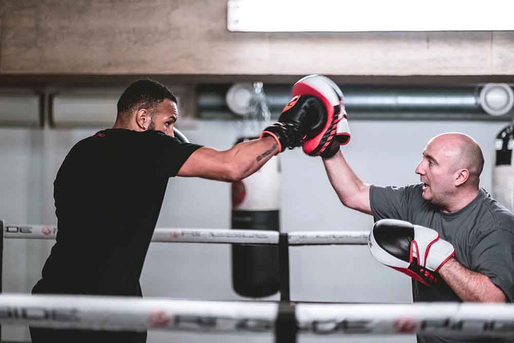 Boxer training on target pads held by trainer