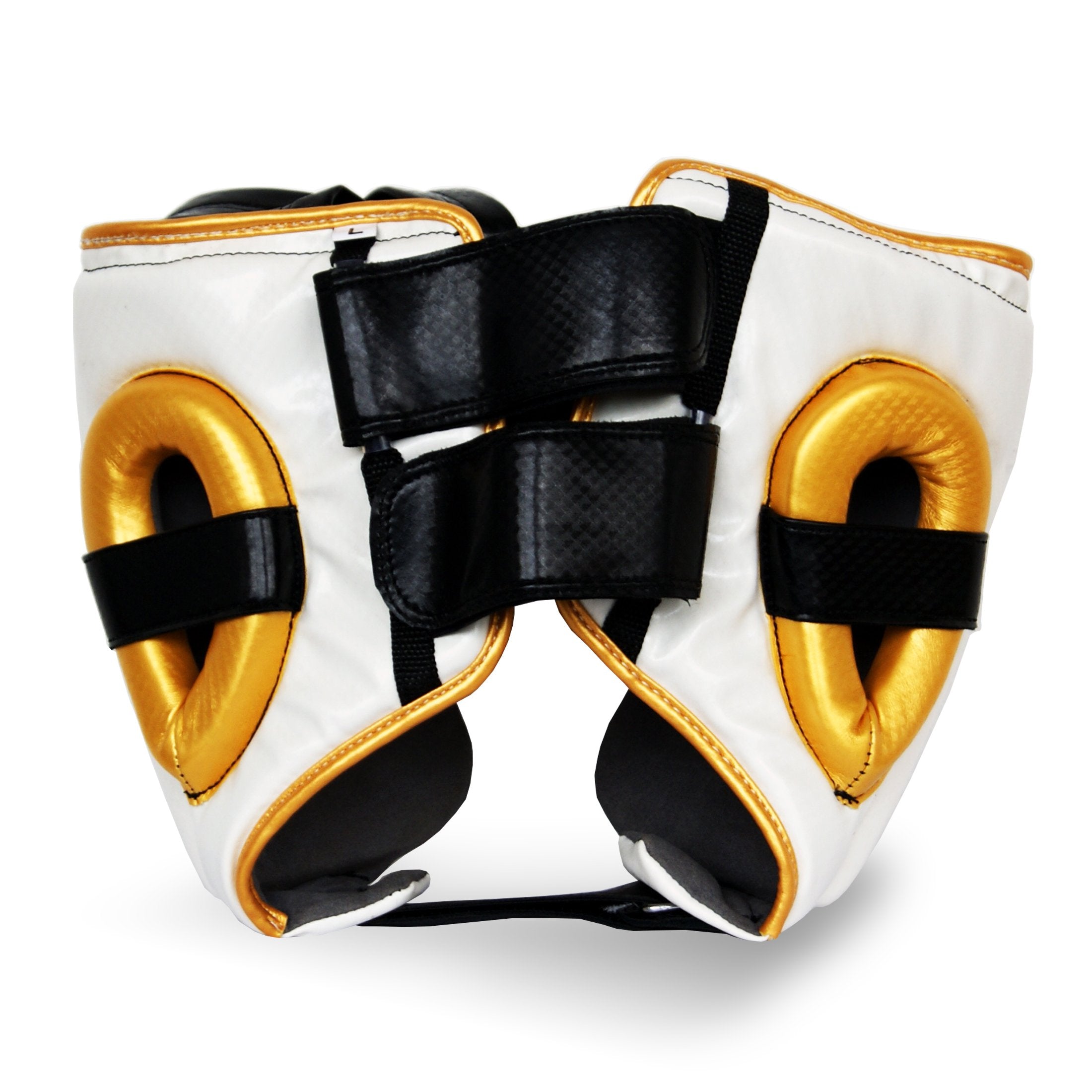 White and Gold Boxing Head guard studio photo reverse